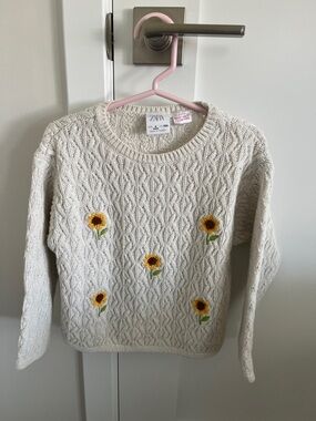 Zara Cream Cable Knit Sweater with Sunflower Embroidery